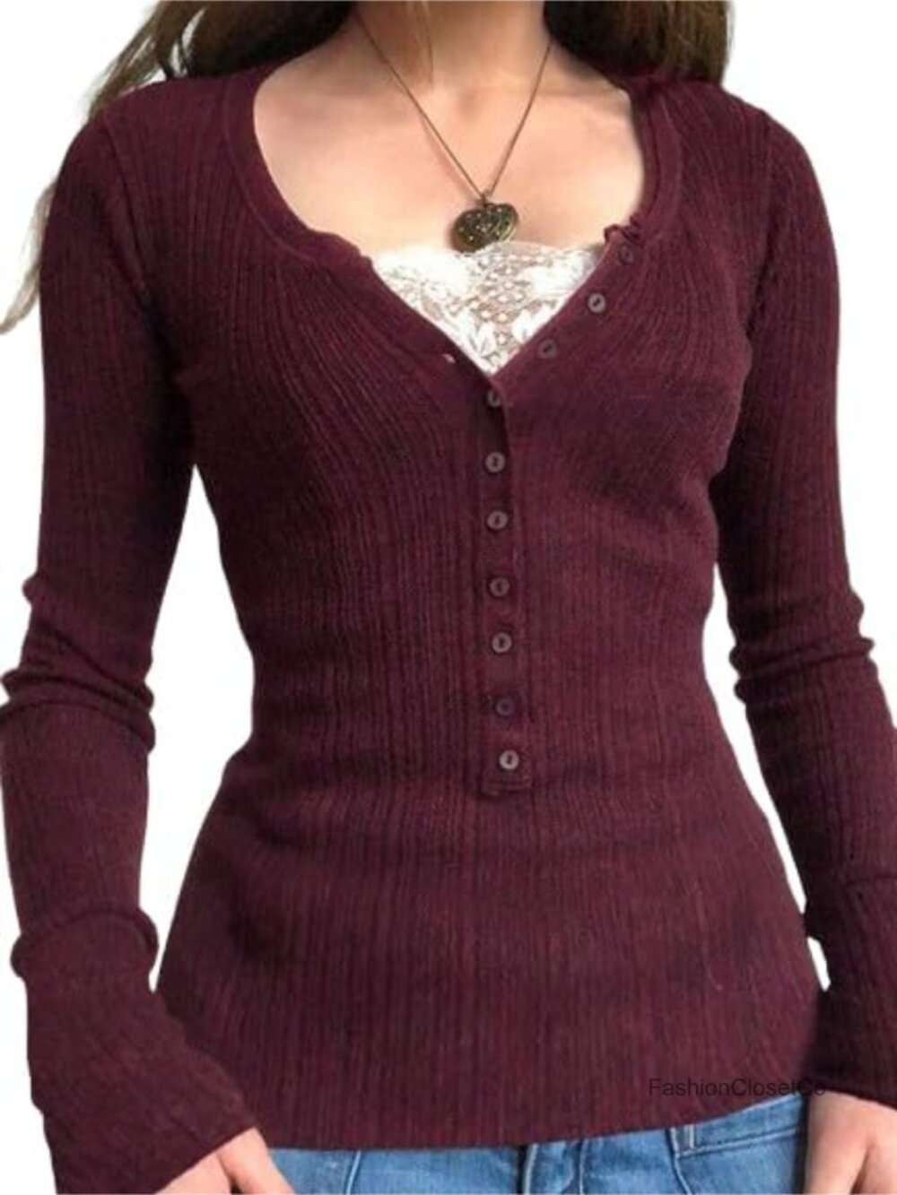 Y2K Long Sleeve Henley Shirt with Lace Accent Slim Fit Ribbed Knit Top
